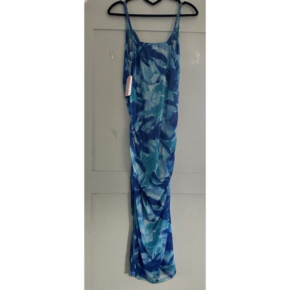 Women’s Blue Green Abstract Floral Cowl Neck Strappy Back Ruched Maxi Dress Sz S - Picture 8 of 8
